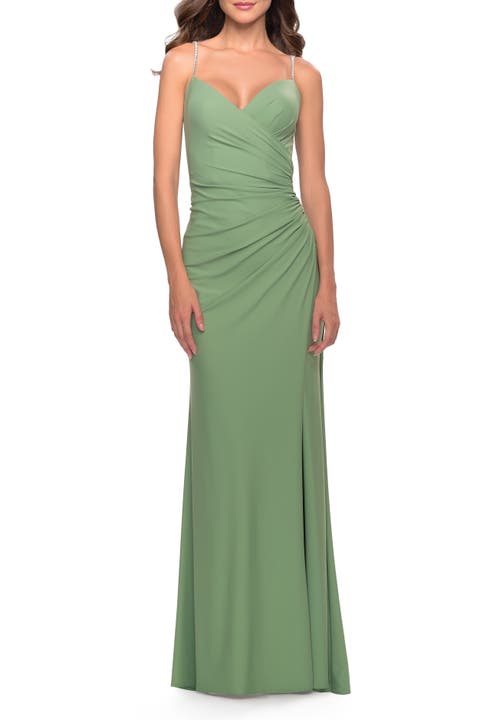 Long Ruched Jersey Gown with V-Neckline