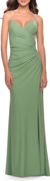 La Femme Long Ruched Jersey Gown with V-Neckline