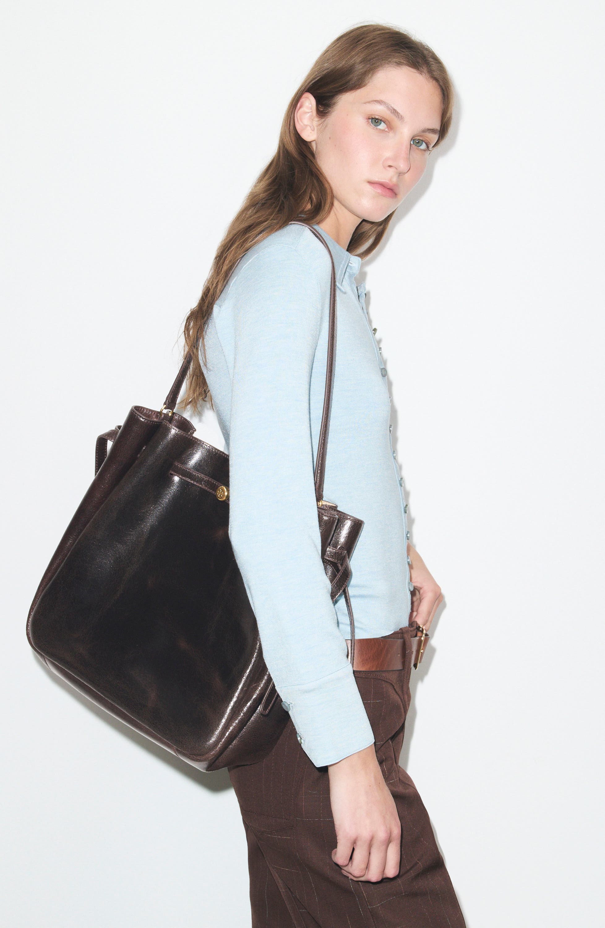 Romy Distressed Large Leather Bucket Bag, Alternate, color, DARK BROWN