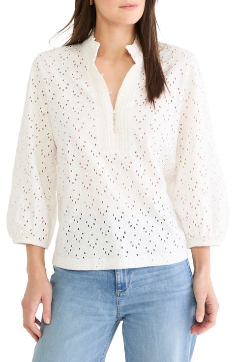 NIC+ZOE Ruffle Neck Eyelet Top (Petite)