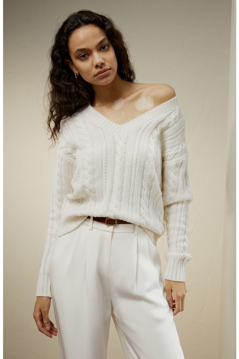 Women's Cable-Knit Wool-Cashmere Blend Sweater, Alternate, color, White