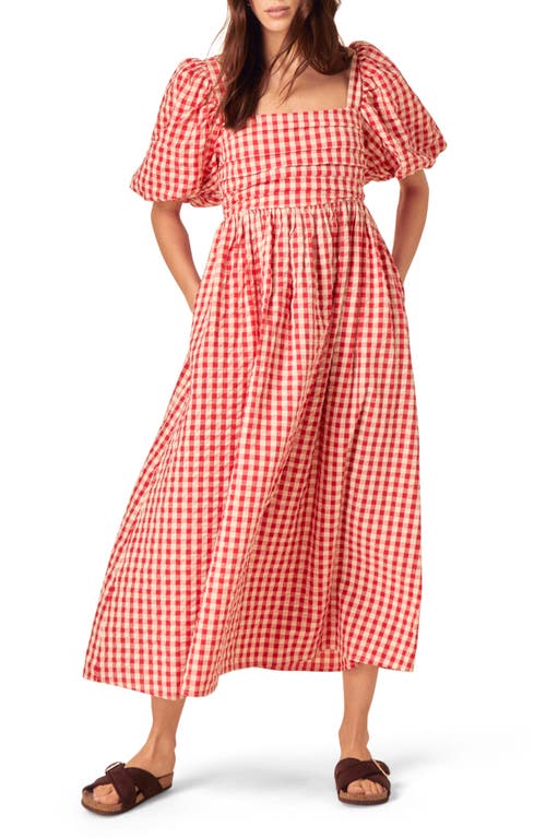 Nobody's Child Nova Gingham Puff Sleeve Linen Blend Midi Dress In Pink