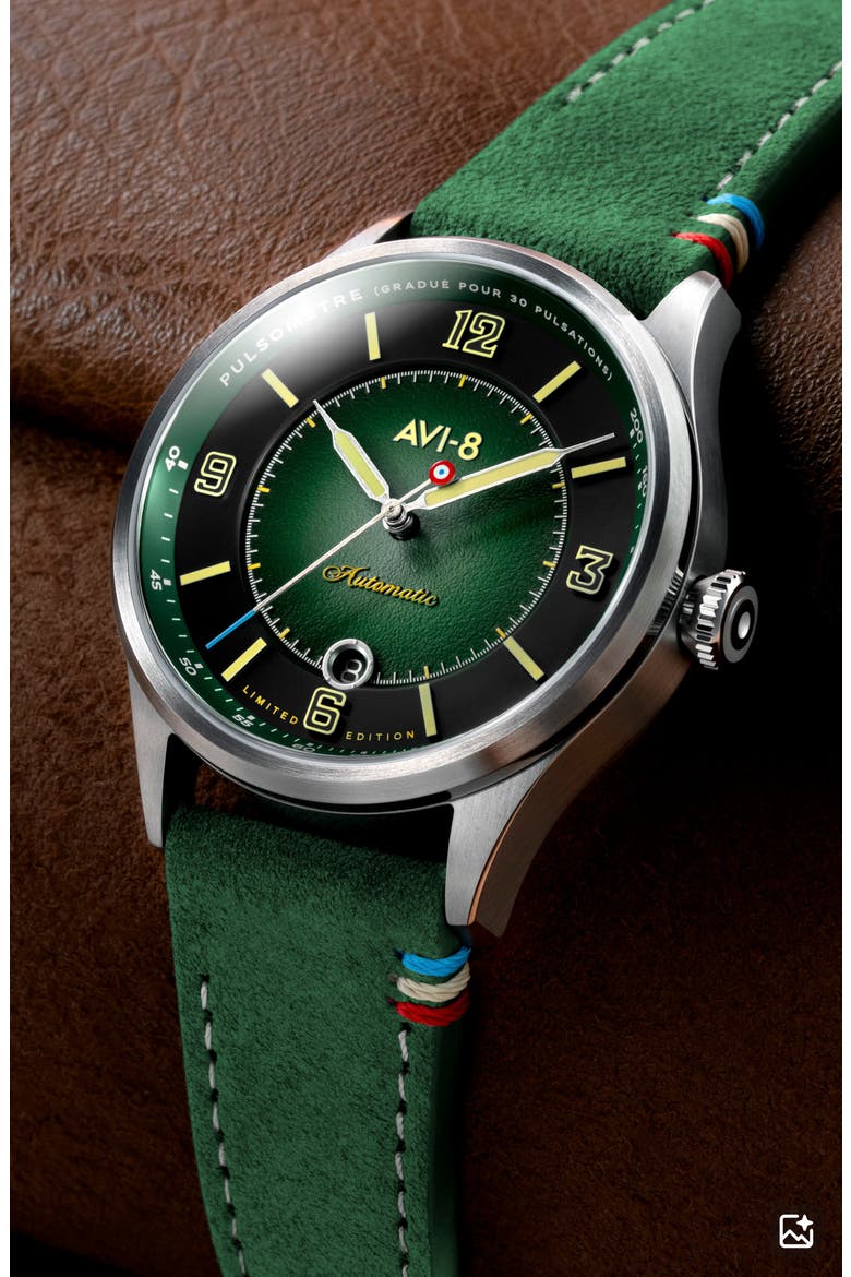 Flyboy Lafayette Automatic 110th Anniversary Limited Edition Leather Strap Watch, 42mm, Alternate, color, GREEN