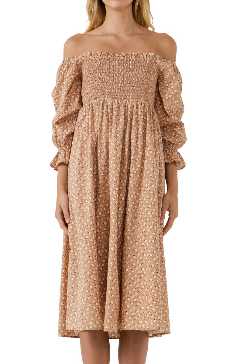 English Factory Floral Smocked Long Sleeve Midi Dress, Alternate, color, Tan Multi