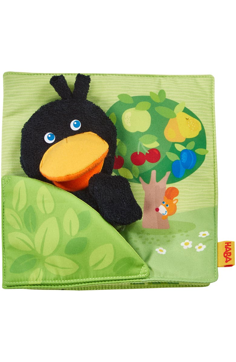 HABA Baby Soft Book and Interactive Busy Book for Babies 6-12 Months, Orchard Theme with Raven Finger Puppet and Fruit Basket, Main, color, 