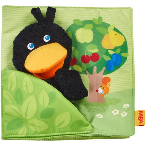Baby Soft Book and Interactive Busy Book for Babies 6-12 Months, Orchard Theme with Raven Finger Puppet and Fruit Basket