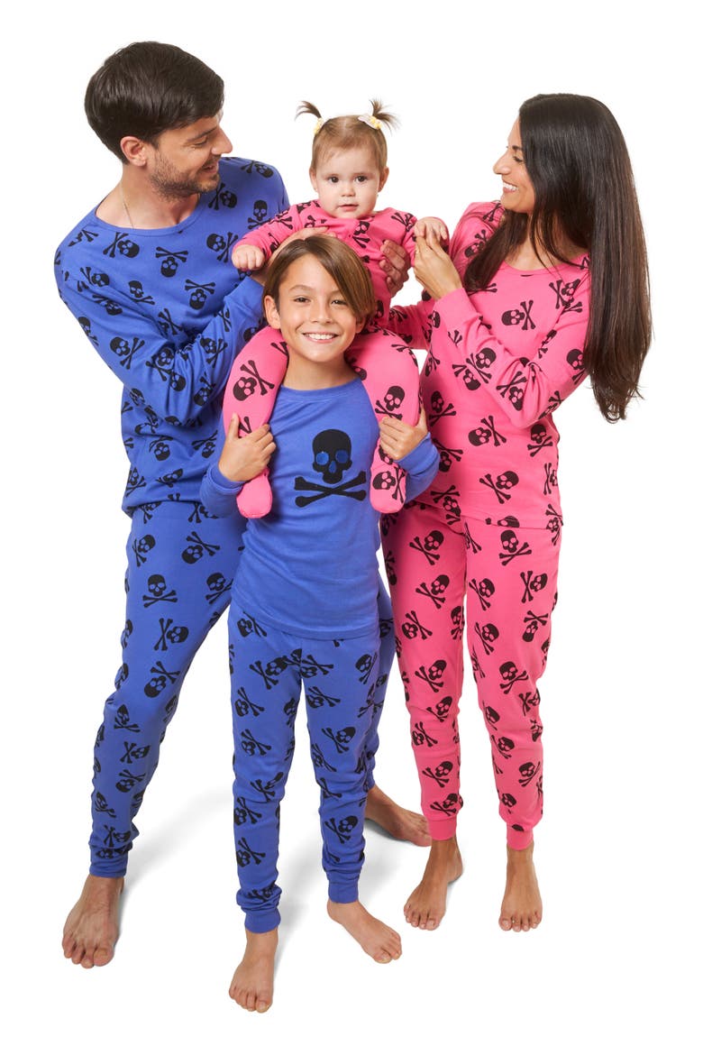 Kids Footed Cotton Halloween Matching Family Pajamas, Fun Prints, Alternate, color, Pink Skulls
