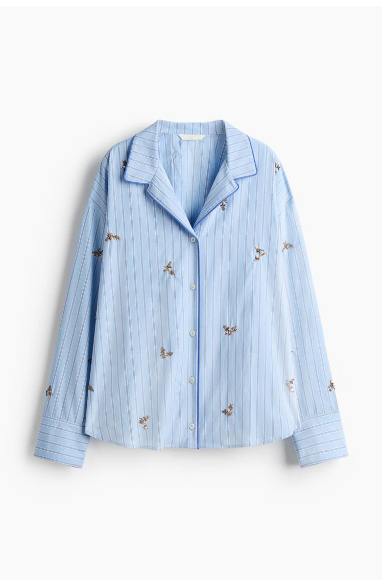 H&M Embellished Cotton Pyjama Shirt, Main, color, Light Blue/Striped