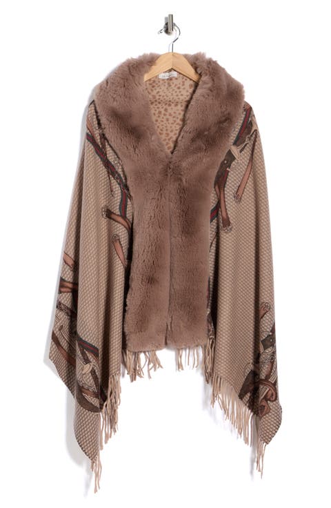 Chain Print Fringe Wool Wrap with Faux Fur Trim