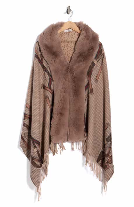 La Fiorentina Chain Print Fringe Wool Wrap with Faux Fur Trim