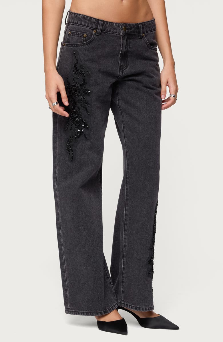 EDIKTED Rossa Beaded Low Rise Wide Leg Jeans, Alternate, color, Black-Washed