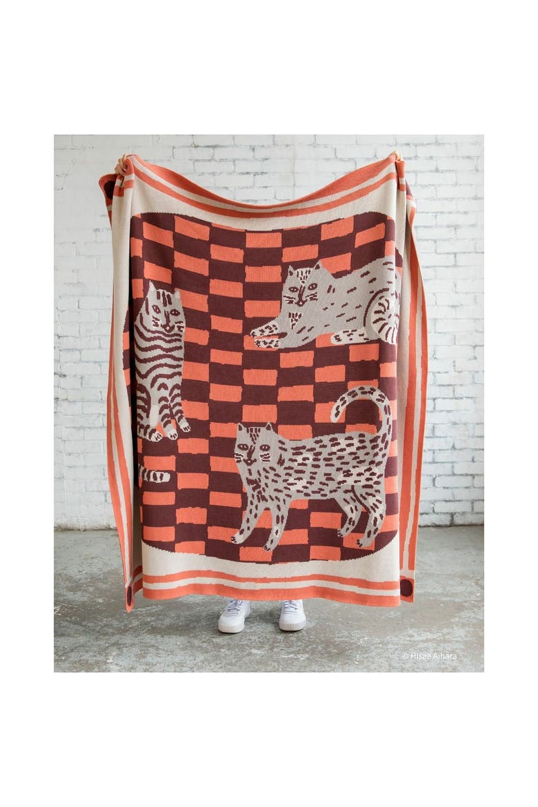 Three Of Cats Knit Throw Blanket, Alternate, color, Madder Root