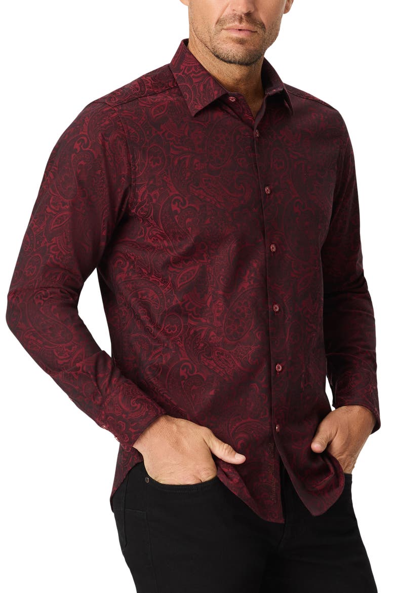Hudson Paisley Stretch Cotton Button-Up Shirt, Alternate, color, BURGUNDY