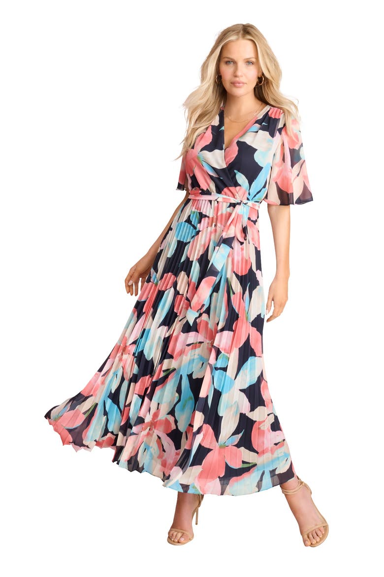 Pleated Faux Wrap Dress, Main, color, NAVY FLORAL