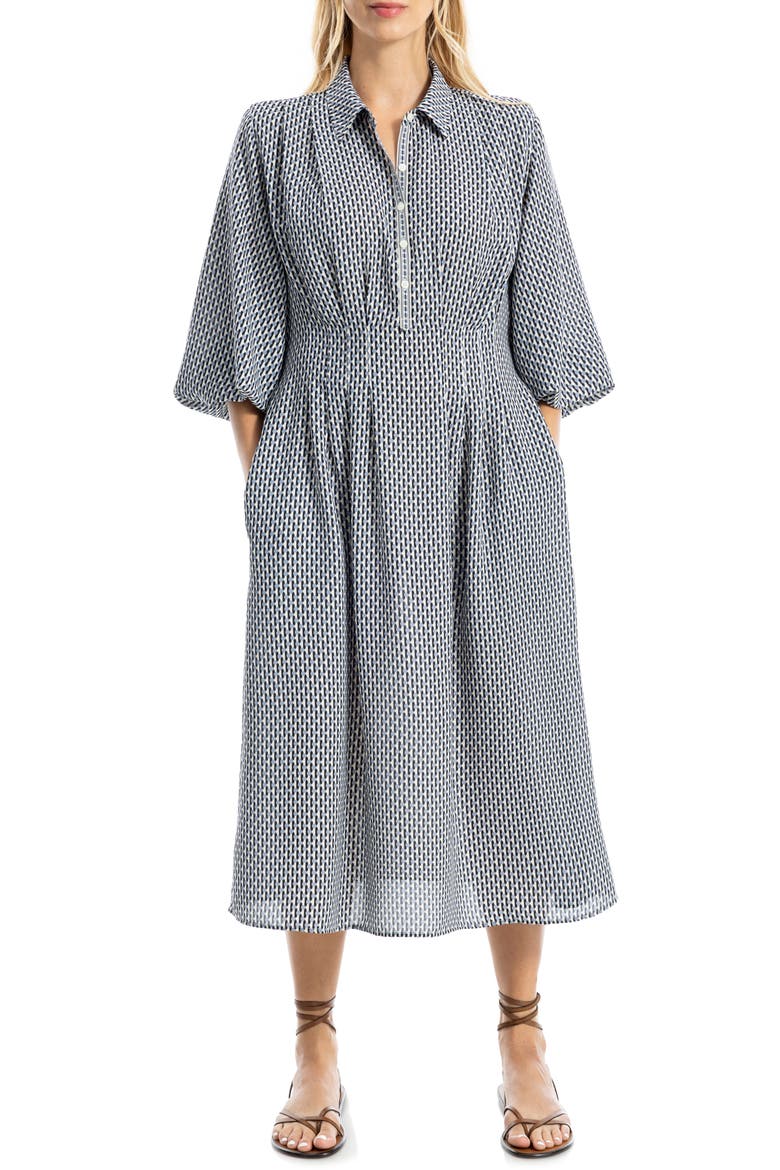 Balloon Sleeve Midi Shirtdress, Alternate, color, BLACK/BLUE