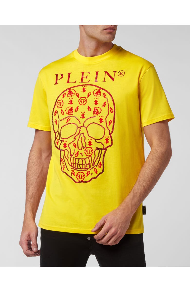 PHILIPP PLEIN T-Shirt Round Neck Ss With Crystals Men, Main, color, Yellow