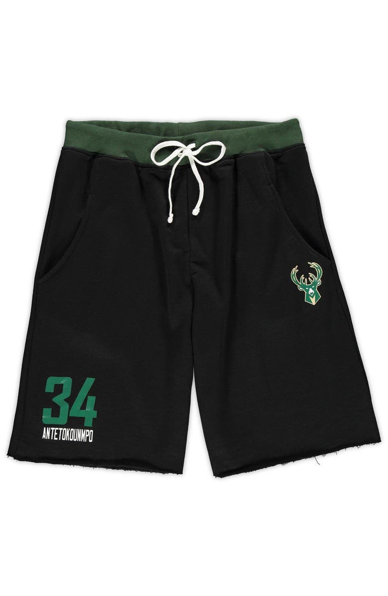 MAJESTIC Men's Majestic Giannis Antetokounmpo Black Milwaukee Bucks Big & Tall French Terry Name & Number Shorts, Alternate, color,
