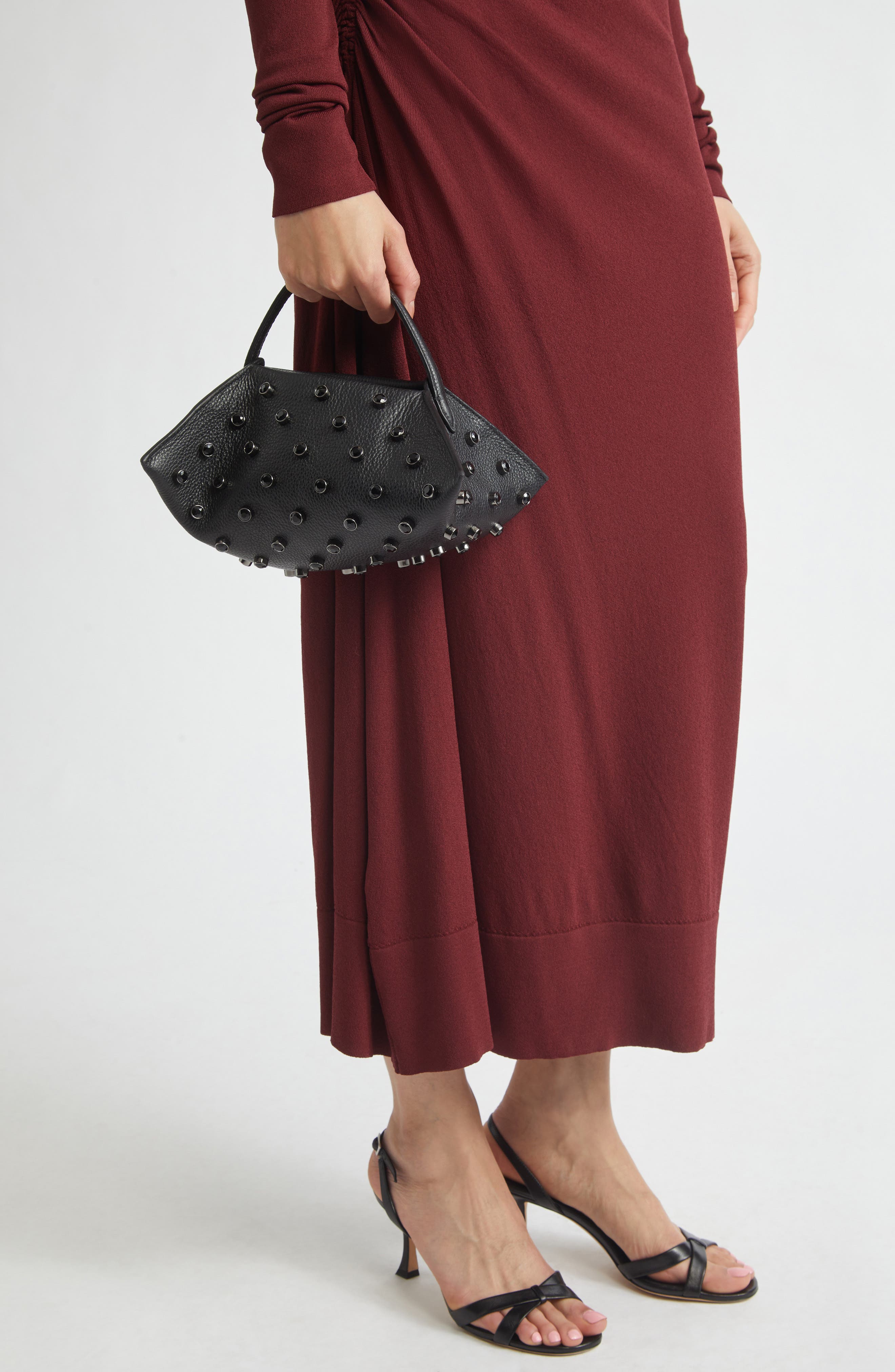 Origami Embellished Leather Baguette Bag, Alternate, color, BLACK / BLACK CRYSTAL