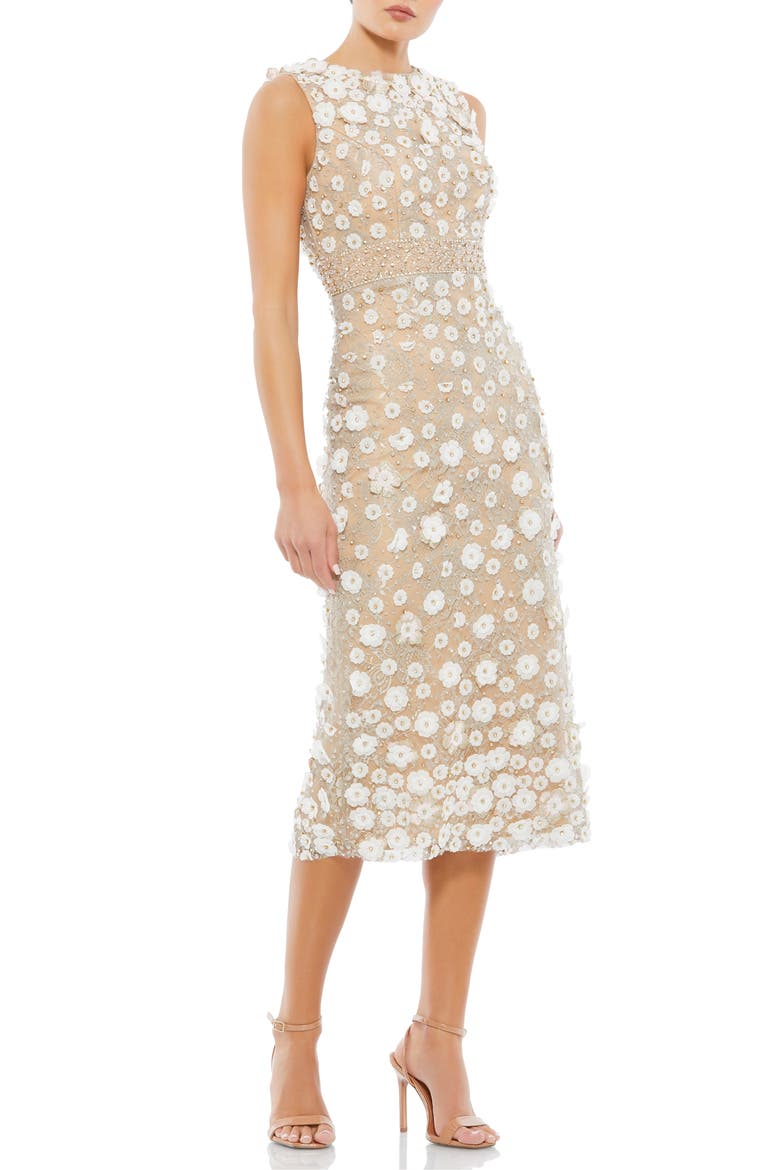 Floral Appliqué High Neck Sleeveless Midi Dress, Main, color, IVORY NUDE