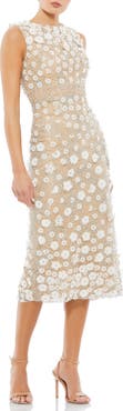 Mac Duggal Floral Appliqué High Neck Sleeveless Midi Dress