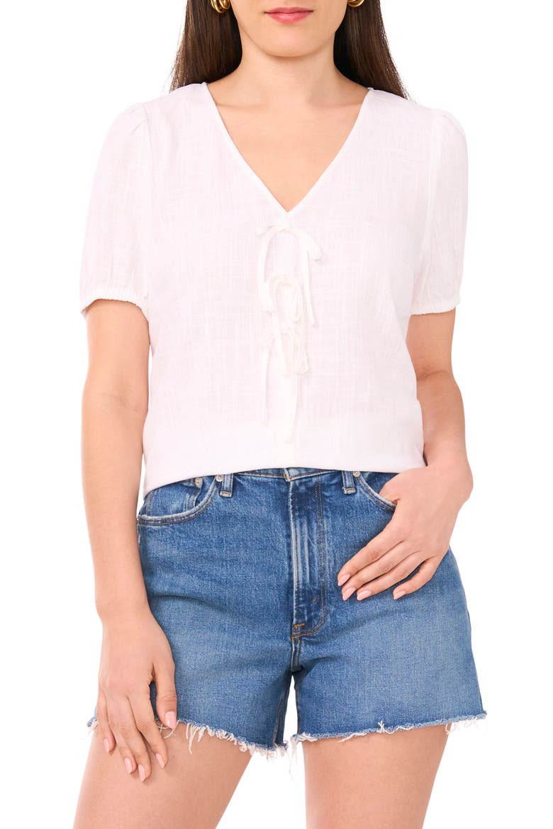 Tie Front Puff Sleeve Top, Main, color, ULTRA WHITE