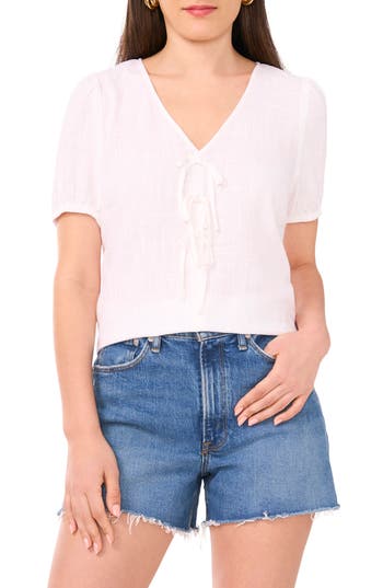Two By Vince Camuto Tie Front Puff Sleeve Top In White