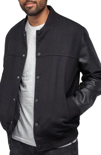 Mixed Media Faux Leather Bomber Jacket