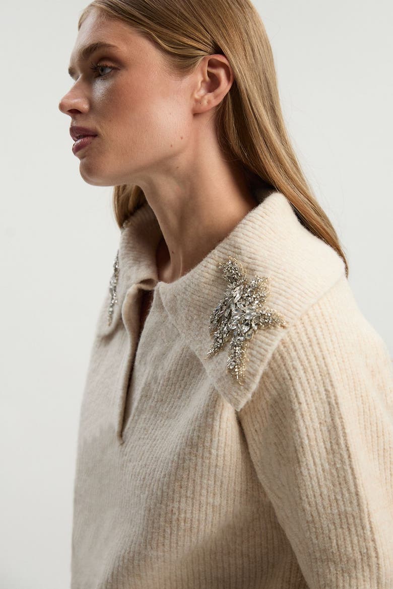Embellished Collar V Neck Knit Sweater, Alternate, color, Cream