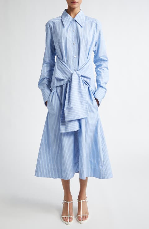Stripe Tie Waist Long Sleeve Cotton Shirtdress