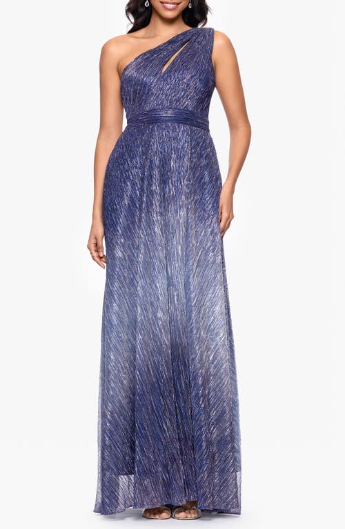 Shop Betsy & Adam Ombré Crinkle Metallic One-shoulder Gown In Navy/peri