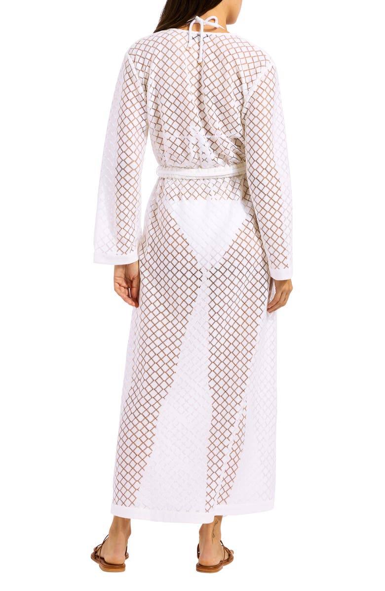Seafolly Tie Belt Long Sleeve Sheer Lace Cover-Up Dress, Alternate, color, White