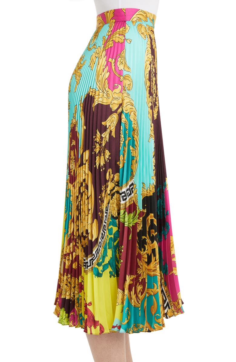 Versace Colorblock Mixed Print Pleated Midi Skirt, Alternate, color,