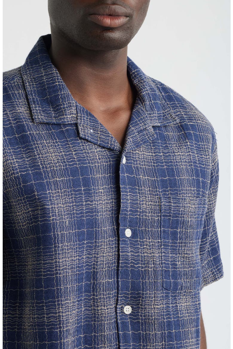 Wavy Plaid Short Sleeve Cotton & Linen Camp Shirt, Alternate, color, NAVY