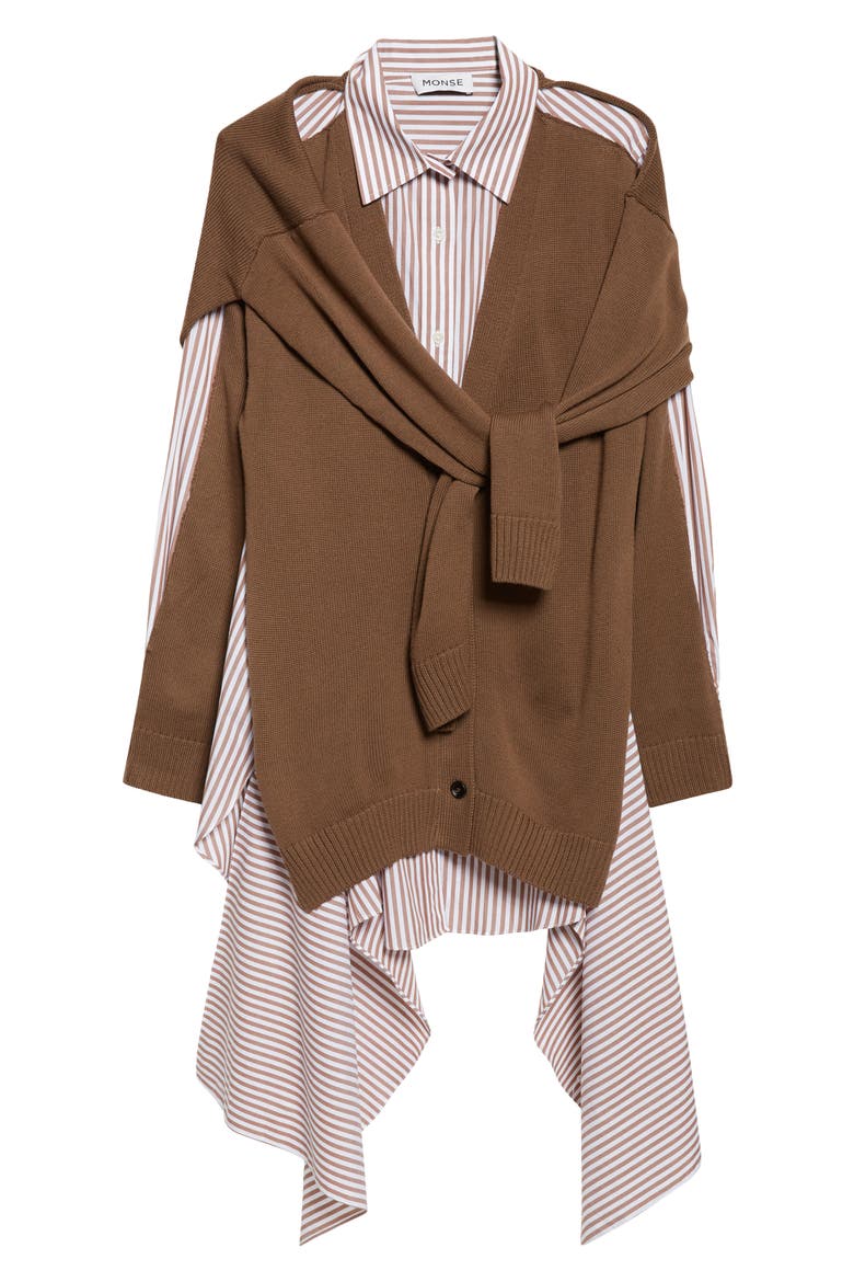 Combo Stripe Long Sleeve Cotton Poplin Shirtdress with Merino Wool Cardigan, Alternate, color, BROWN MULTI