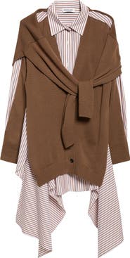 MONSE Combo Stripe Long Sleeve Cotton Poplin Shirtdress with Merino Wool Cardigan