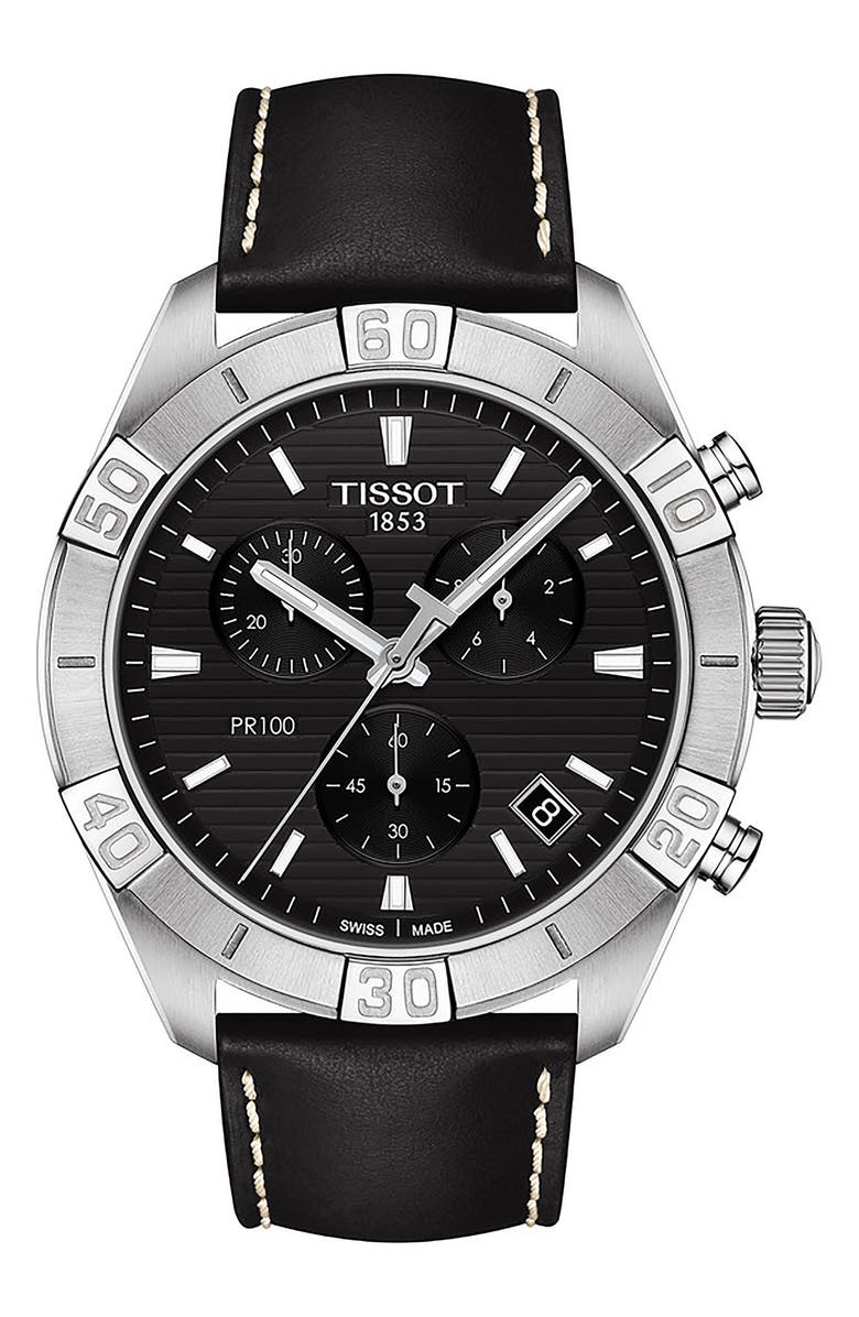 Tissot PR 100 Chronograph Leather Strap Watch, 44mm, Main, color,