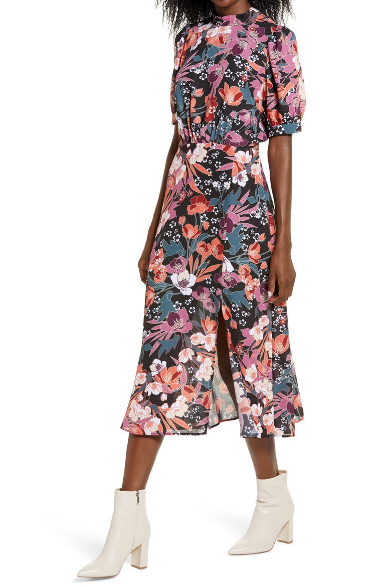 Floral Puff Sleeve Midi Dress, Main, color, BLACK/MULT