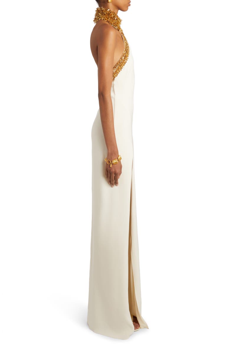 Beaded Fringe Halter Gown, Alternate, color, GOLD/ ECRU