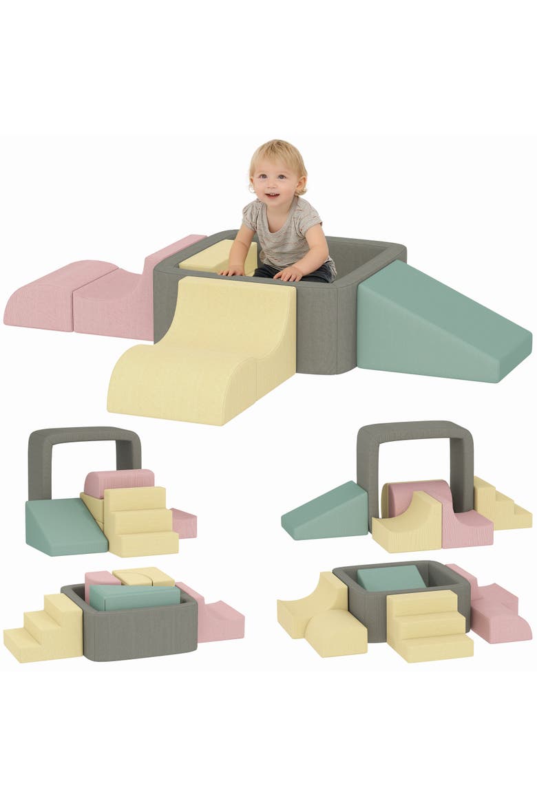 7-Piece Modular Foam Baby Climbing Blocks with 28D High-Density Foam, Corduroy Covers, Indoor Activity Set for 3-6, Multicolor, Main, color, Multicolor