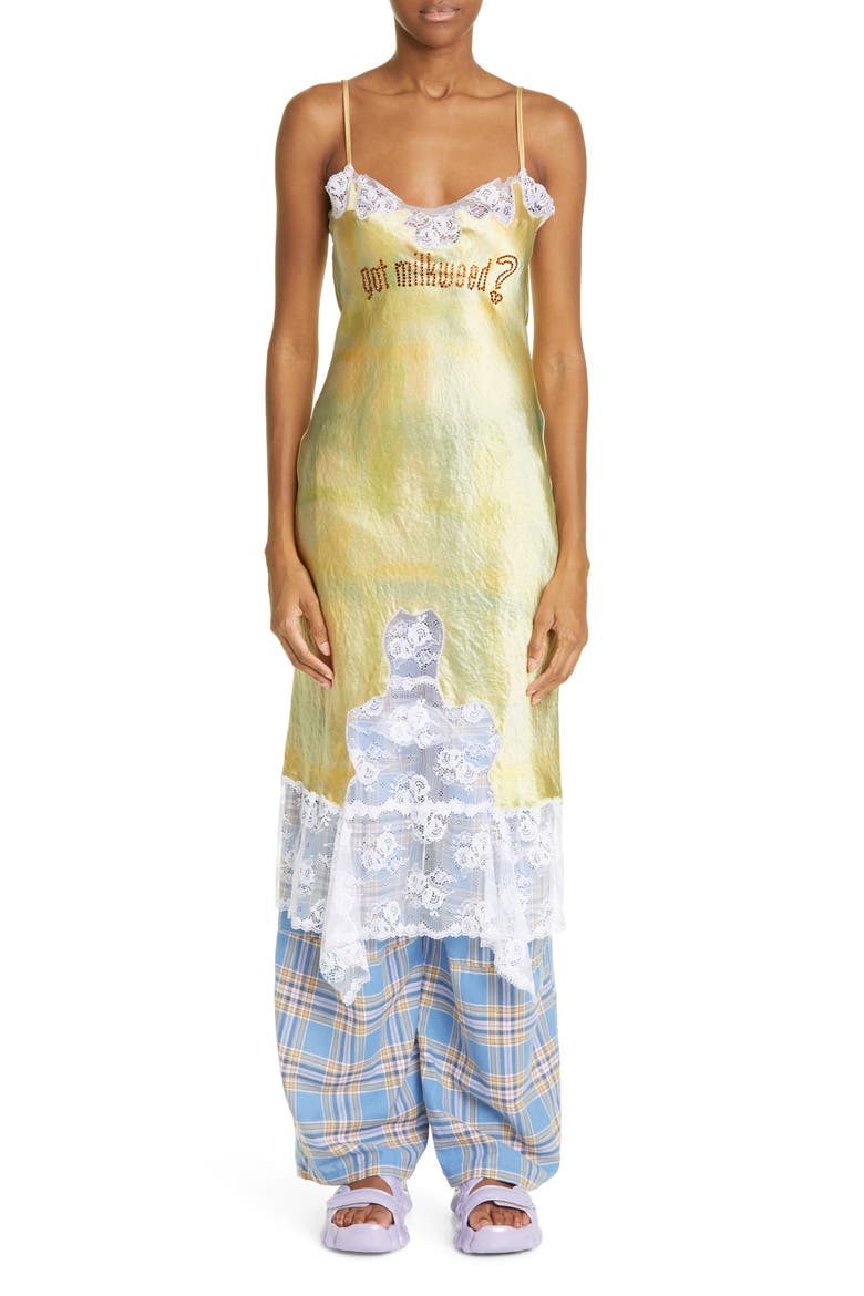 Ammi Lace Detail Handkerchief Hem Satin Slipdress, Alternate, color, BUTTER PLAID