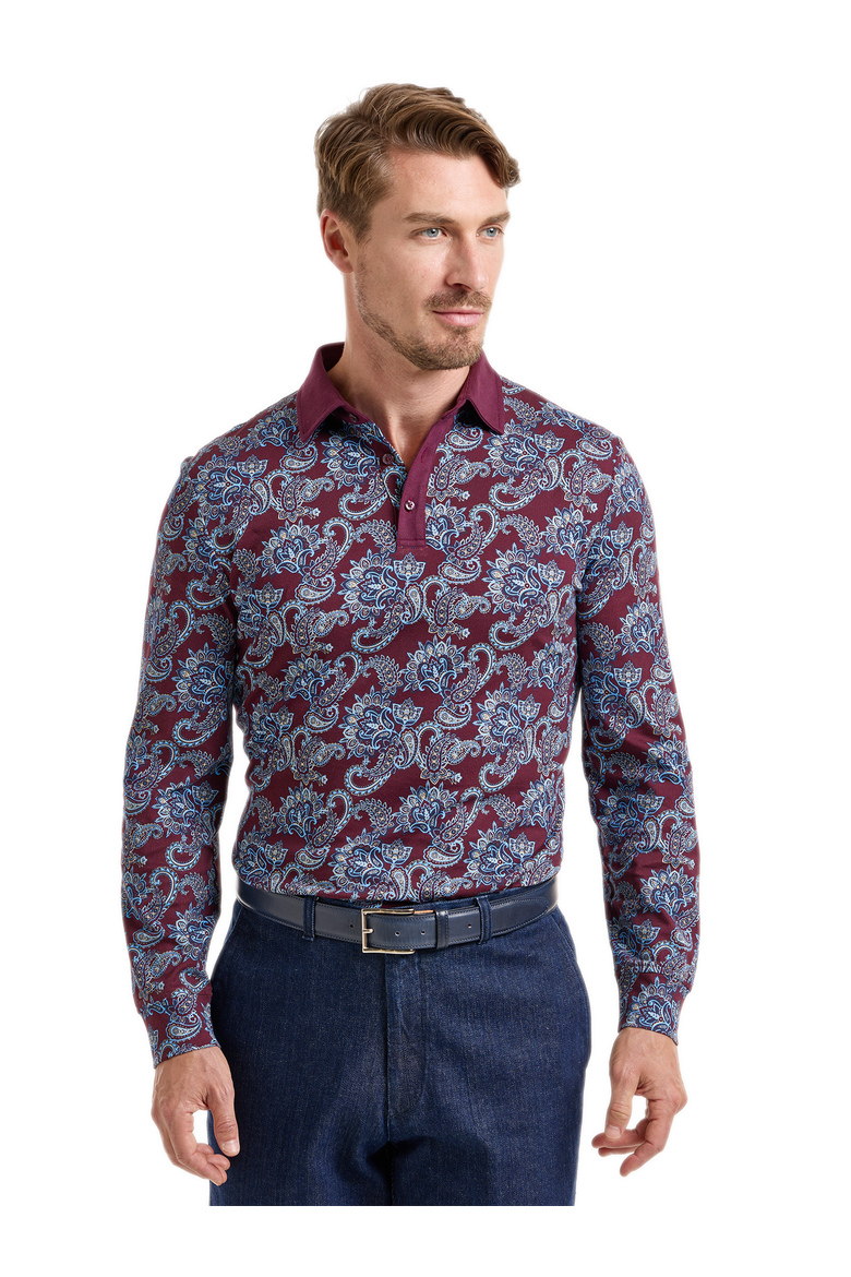 Long Sleeve Cotton Jersey 3-Button Polo With Patterned Trim, Alternate, color, Burgundy Multi