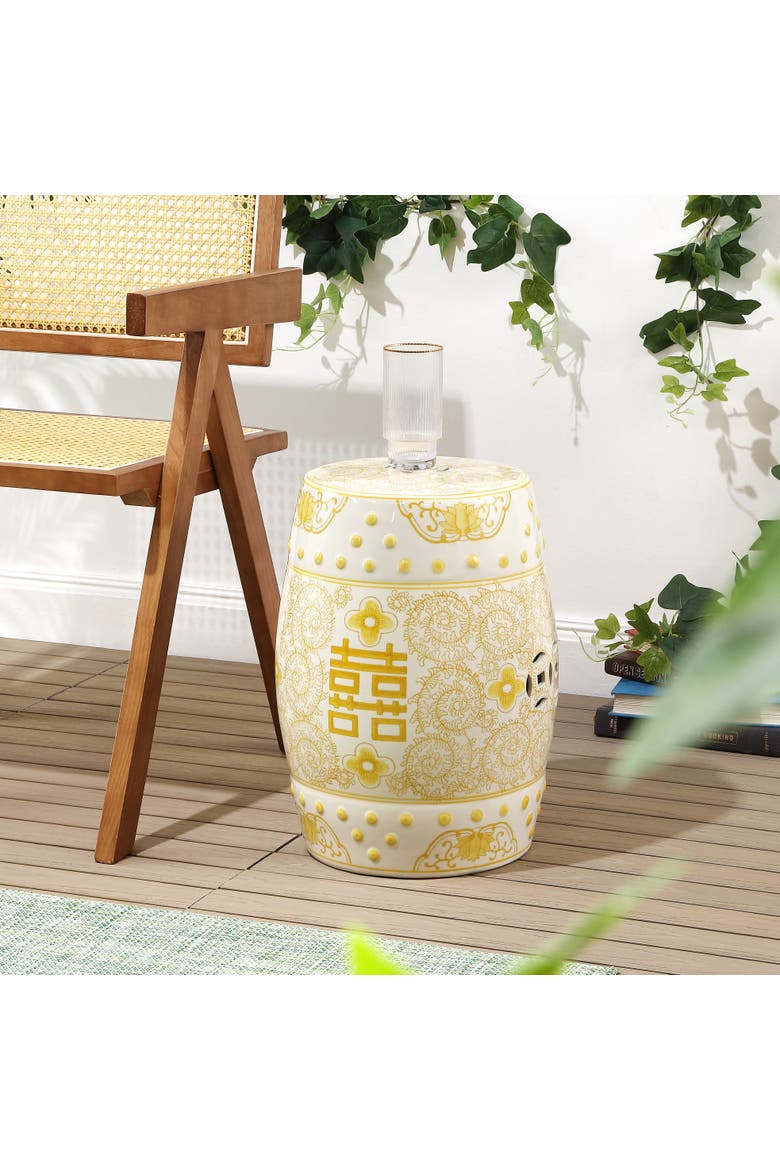 Double Happiness Traditional Ceramic Garden Stool, Indoor/Outdoor Chinoiserie Double Happiness Patio Drum Accent Side Table, Alternate, color, Yellow/White