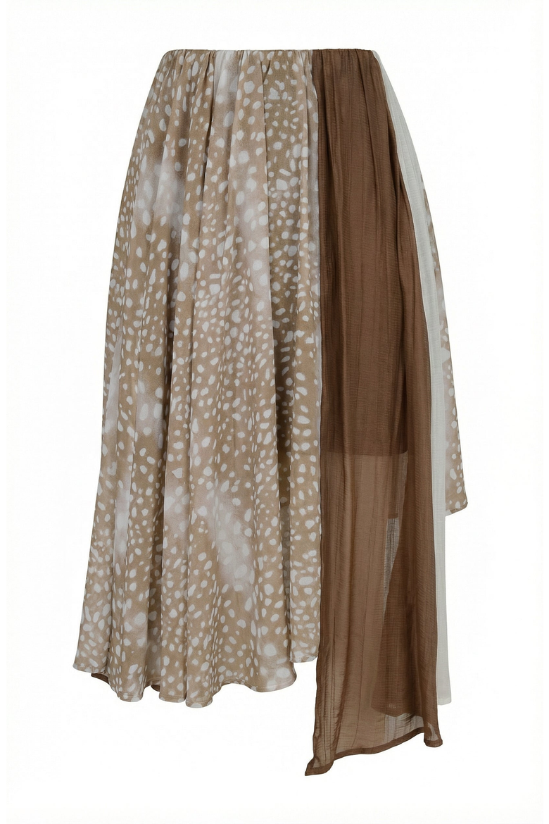 Printed Sheer Overlay Asymmetrical Panel Midi Skirt, Alternate, color, Brown