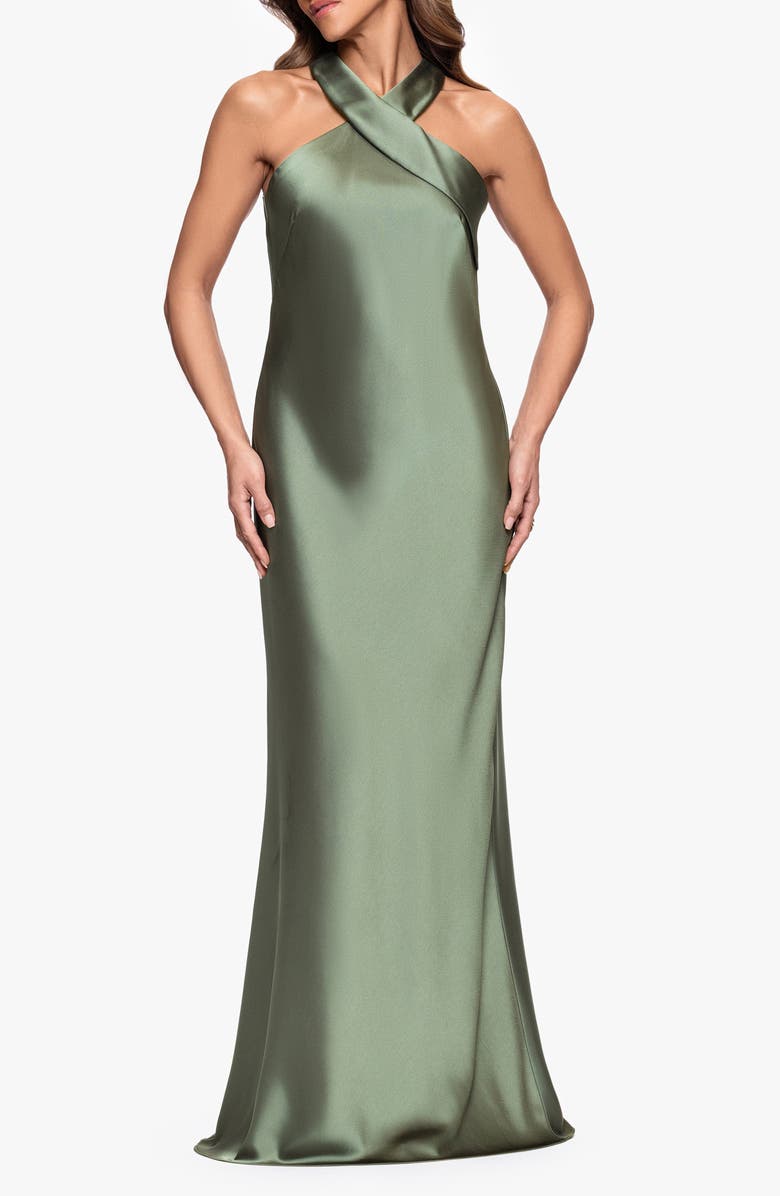 Xscape Evenings Halter Neck Satin Trumpet Gown, Main, color, Olive