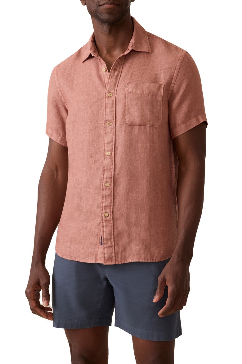 Palma Linen Short Sleeve Button-Up Shirt, Main, color, CEDAR ROSE