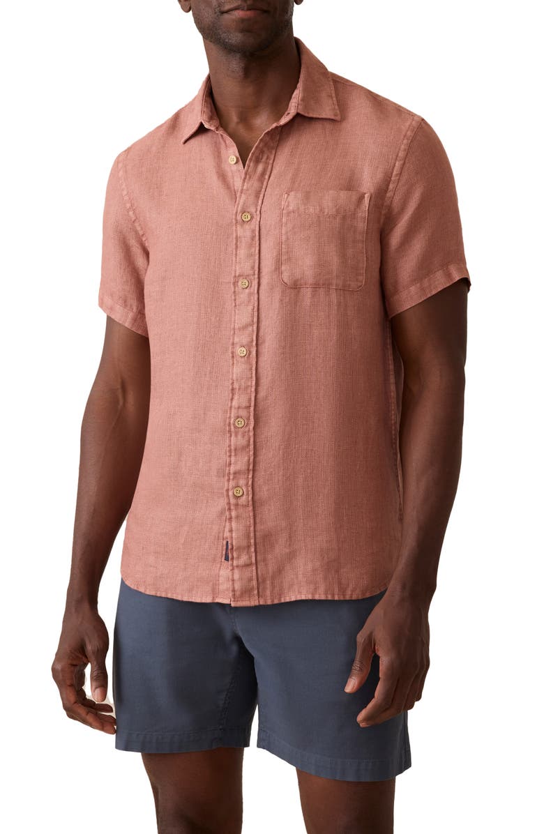 Faherty Palma Linen Short Sleeve Button-Up Shirt, Main, color, Cedar Rose