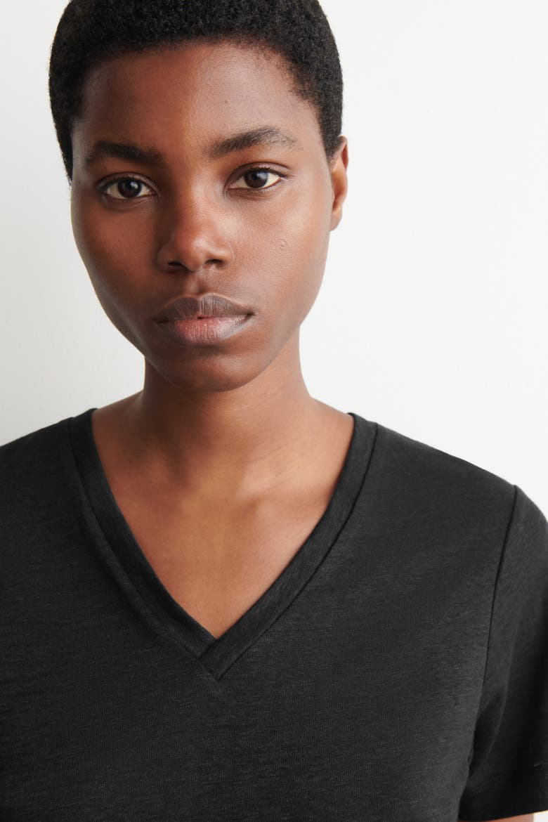 V-neck Linen T-shirt, Alternate, color, BLACK
