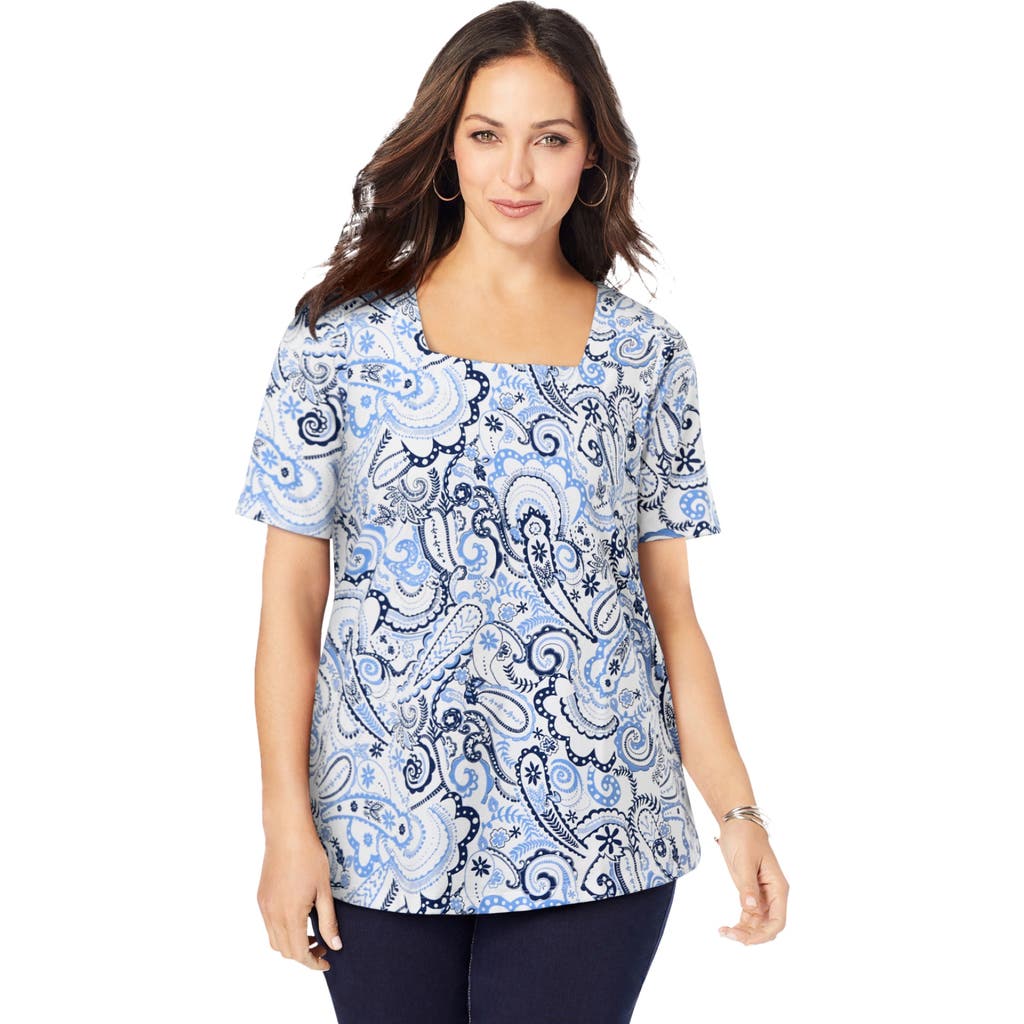 Jessica London Stretch Cotton Square Neck Tee In Multi