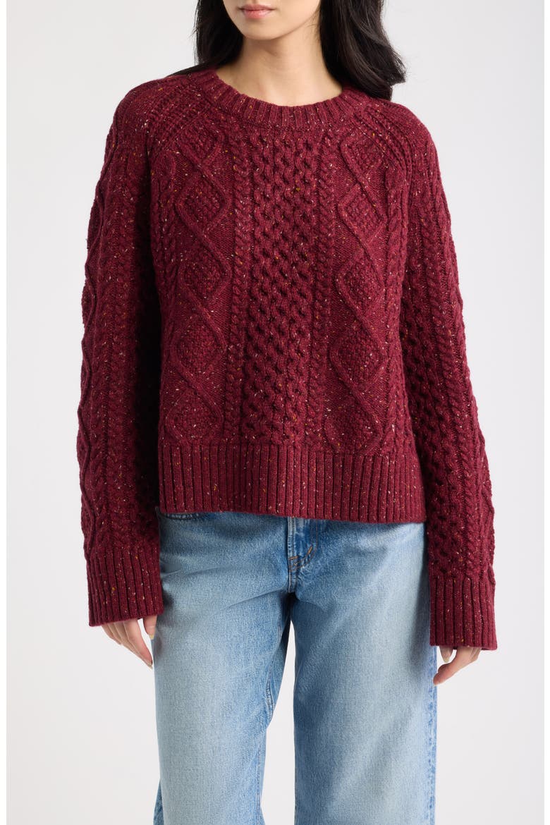 Fisherman Cable Knit Pullover Sweater, Main, color, WINE DONEGAL