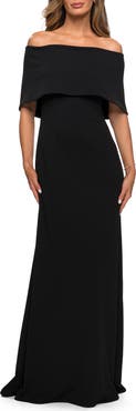 La Femme Off the Shoulder Jersey Gown with Column Skirt